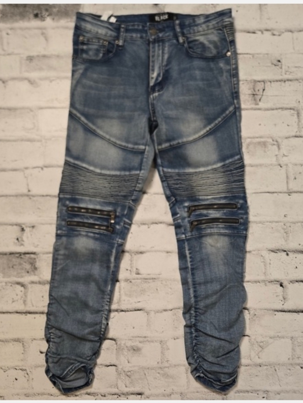 Urban Black Moto Biker Jeans Distressed Zipper Ribbed Knee 32
